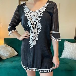 Black and white floral embroidered swimsuit cover-up
